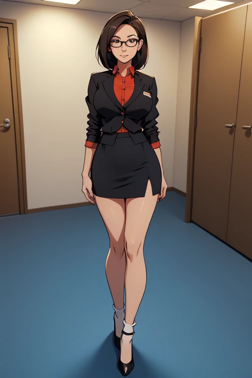 Full body photo of a beautiful sexy secretary wearing extremely short skirt and stitched socks, standing exactly, ((sozinho)), adulto, at office, salto alto, desejo seios grandes, suado