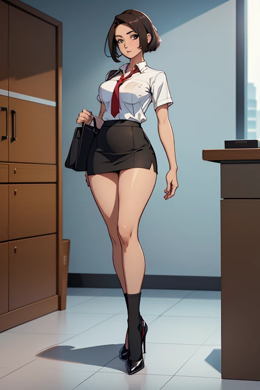 Full body photo of a beautiful sexy secretary wearing extremely short skirt and stitched socks, standing exactly, ((sozinho)), adulto, at office, salto alto, desejo seios grandes, suado