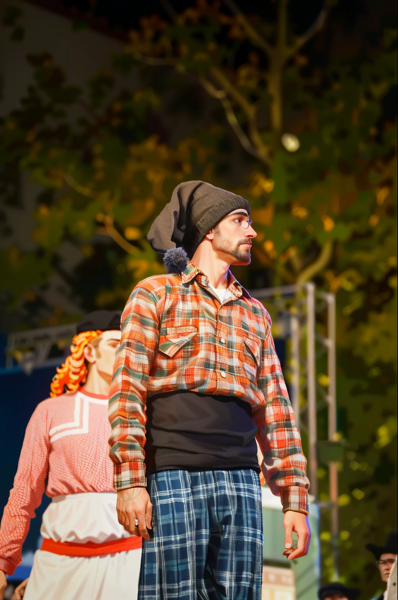 there's a man standing on a stage with a hat on, in the nighttime, usando um kilt, lenhador, Jon Lothian, 3 atores no palco, Scottish style, editing, illustration, rap no palco do festival, Elliot Anderson, autumn season, parecendo feliz, Josh Grover, Temporada de outono, em um fundo escuro, adam varga