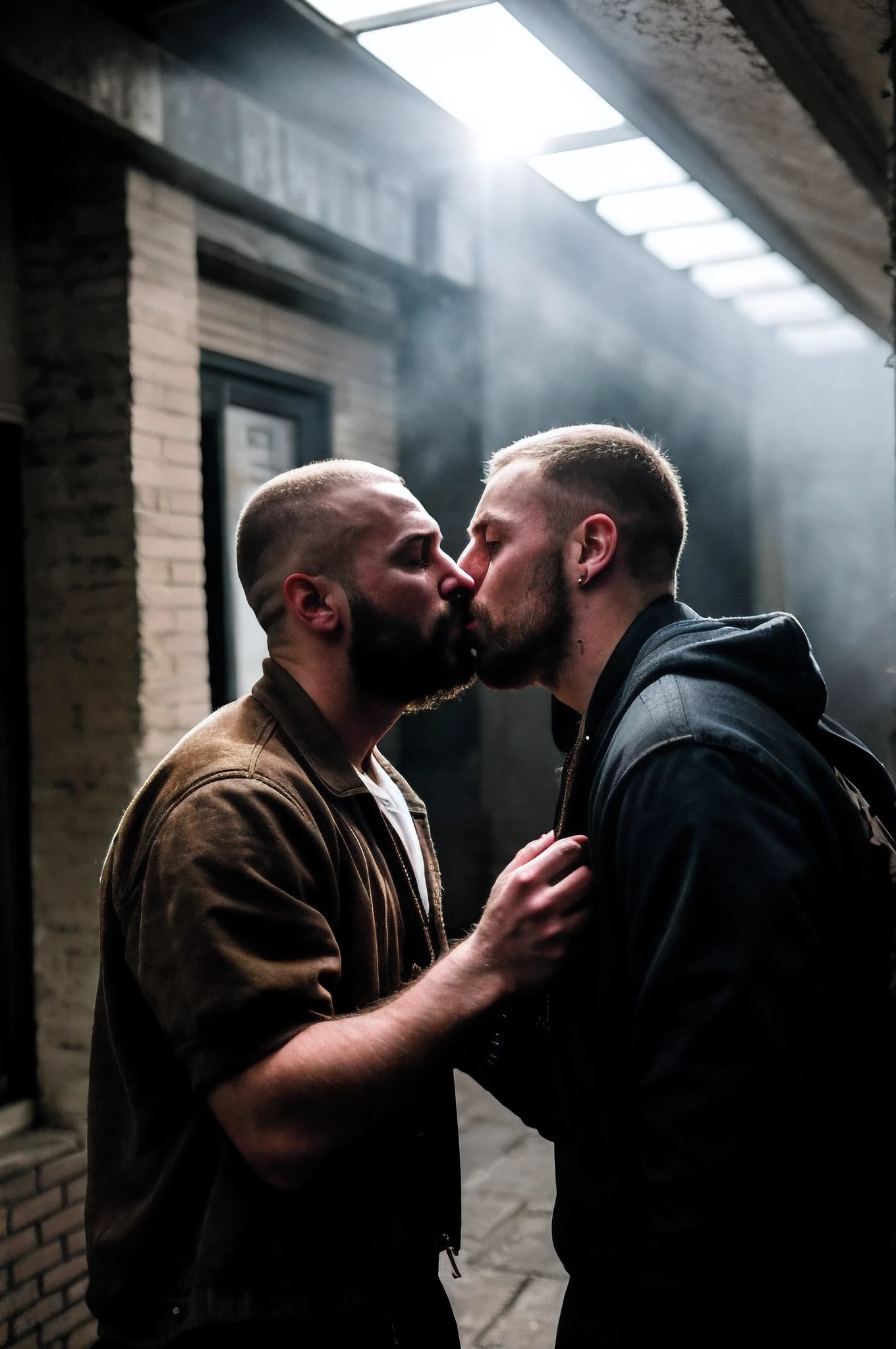 forbidden love, masterpiece, best quality, 2boys, adult males, beards, chavs, rough, dirty, Mancunian, mean, bullies, druggies, skinheads, in the neighbourhood, , soft kiss , realistic, dramatic lighting, atmospheric, intricate detail,