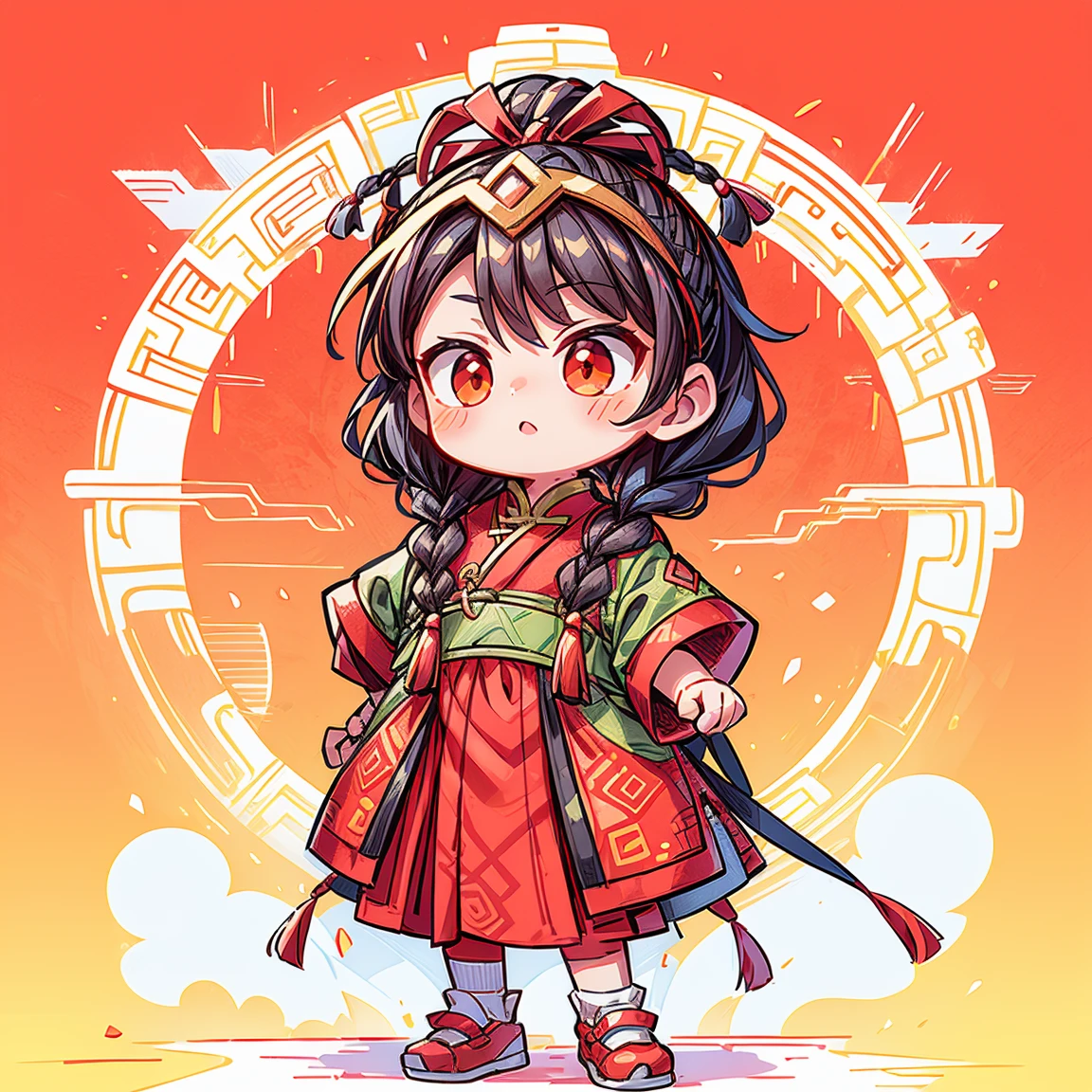 Game character design,(((Vector illustration style))),(1 chubby ,Wearing traditional Chinese New Year red costume,Wearing an auspicious gemstone headdress), (Fuwa's facial expression is cute and enthusiastic,The eyes are shining,The corners of the mouth are raised), (Fuwa holds a bunch of firecrackers), (Fuwa’s hair has two cute little braids,You can tie a red ribbon on the braid), (((The stands up,Chinese Xiangyun cloth shoes: 1.6, Glowing lines or orange LED light effect))), (fully body photo: 1.5), ((Chinese element background,Auspicious cloud background)), (pov, first-person view, Ghibli-like colours, Luminism, cinematic lighting, UHD, masterpiece, ccurate, anatomically correct, textured skin, super detail, high details, high quality, award winning, best quality, 4k)