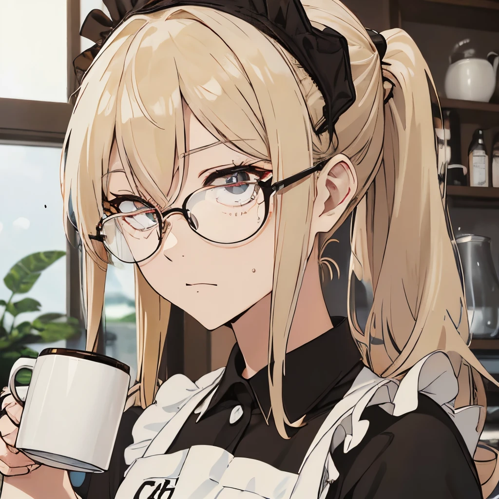 ⓪Action： drinking coffee, (coffee mug:1.4) ①Quality：(ultra-detailed:1.3), masterpiece, 8k, extremely detailed CG, (1 girl), Perfect hands:1.2), (Perfect Anatomy:1.2), (beautiful face: 1.1), Intricate Iris Details, Captivating Eye Reflections, Sparkling Highlights in the Eyes, Depth and Dimension in the Pupils, Subtle Color Variations in the Iris, Meticulous Eyelash Details,　Depth and Dimension in the Pupils, ②Lighting：brightening light, moody lighting, nature lighting, Best Illumination, ③ part: (flat chest: 1.4),  floating hair, detailed face, detailed eyes,  shiny hair, ④Style: animation, illustration, ⑤Subject： (ponytail hair:1.3), (blonde hair, straight hair, long hair, black eyes, sanpaku eyes ), ⑥Environment： Cafe,kitchen,bar , ⑦Construction：Upper body, (extreme close-up view: 1.3), Looking at Viewer, very wide shot, from below, ⑧Costume : (T-shirt, apron: 1.3), (glasses:1.5), ⑨Others：(slender body、small head、Seven-headed body),