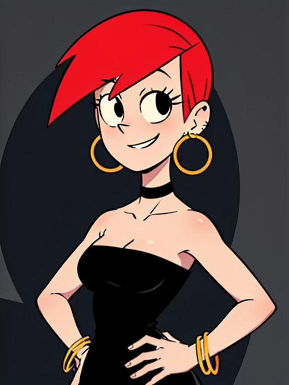 FostersStyle, Frankie foster, solo, 1 girl, red hair, short hair, medium hair, black eyes, bare shoulders, bare shoulders, black dress,  jewelry, bracelet, hoop earrings, black choker, upper body, abstract background, looking at viewer, hands on hips, smile, high quality, high resolution.