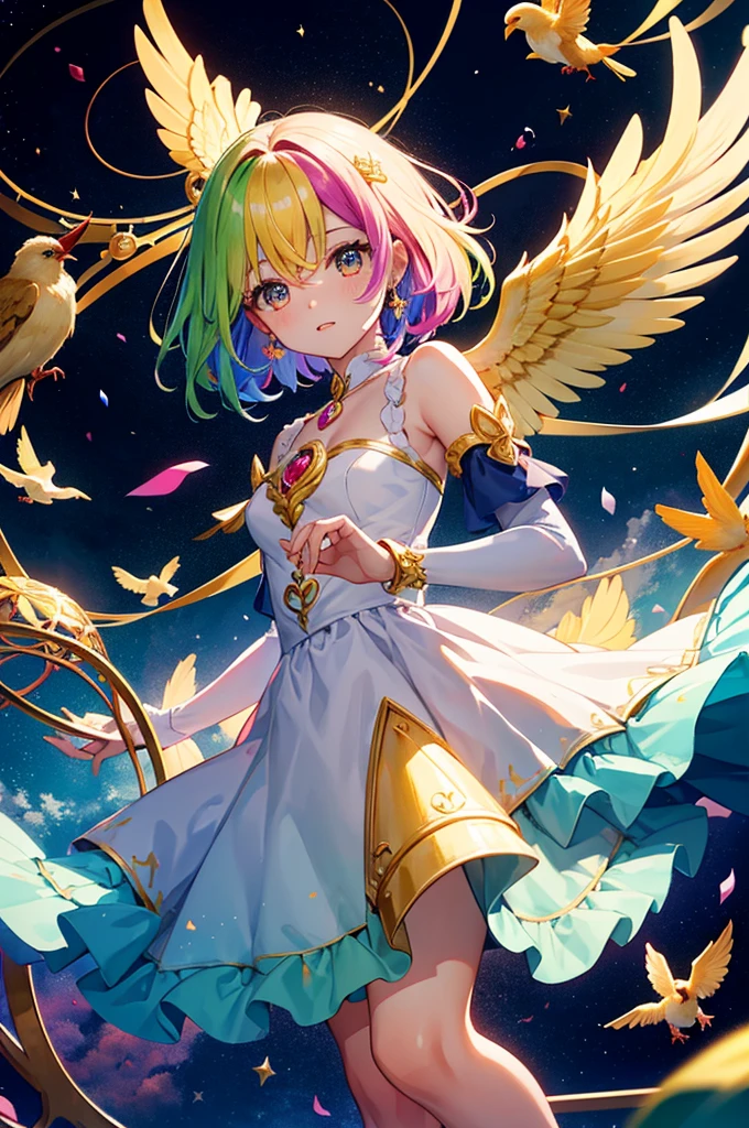 A group of 5 magical girls (mahou shoujo group) flying together around a round and golden bird cage where a beautiful bird is trapped and a chaotic and multicolored sky in the background and over them evil eyes of a chaotic and multicolored witch, perfect hands, rostos perfeitos, vestidos bonitos, cabelos super coloridos e vibrantes, rostos bonitos rostos perfeitos, cabelos bonitos, olhos expressivos, bocas bonitas, beautiful hands, detailed hands, beautiful hands, dedos perfeitos, numero de dedos de um ser humano