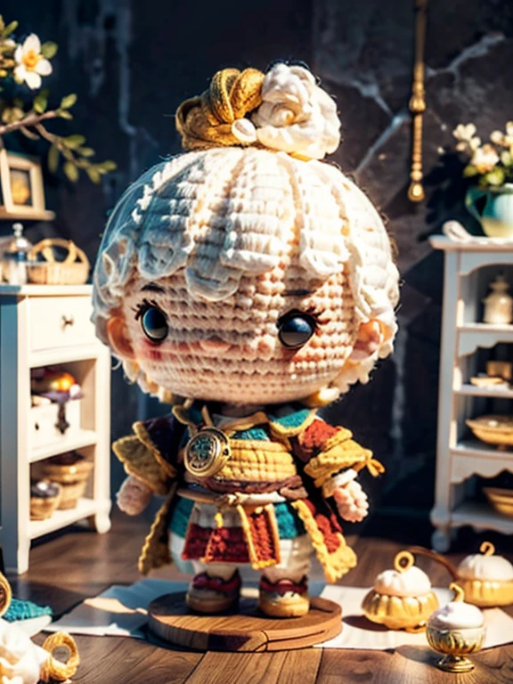 a cute white marshmallow head illustration, brave warrior, medieval style, 3d animation, a dark and enormous kitchen for background, Blurry background, lord of the rings ambience