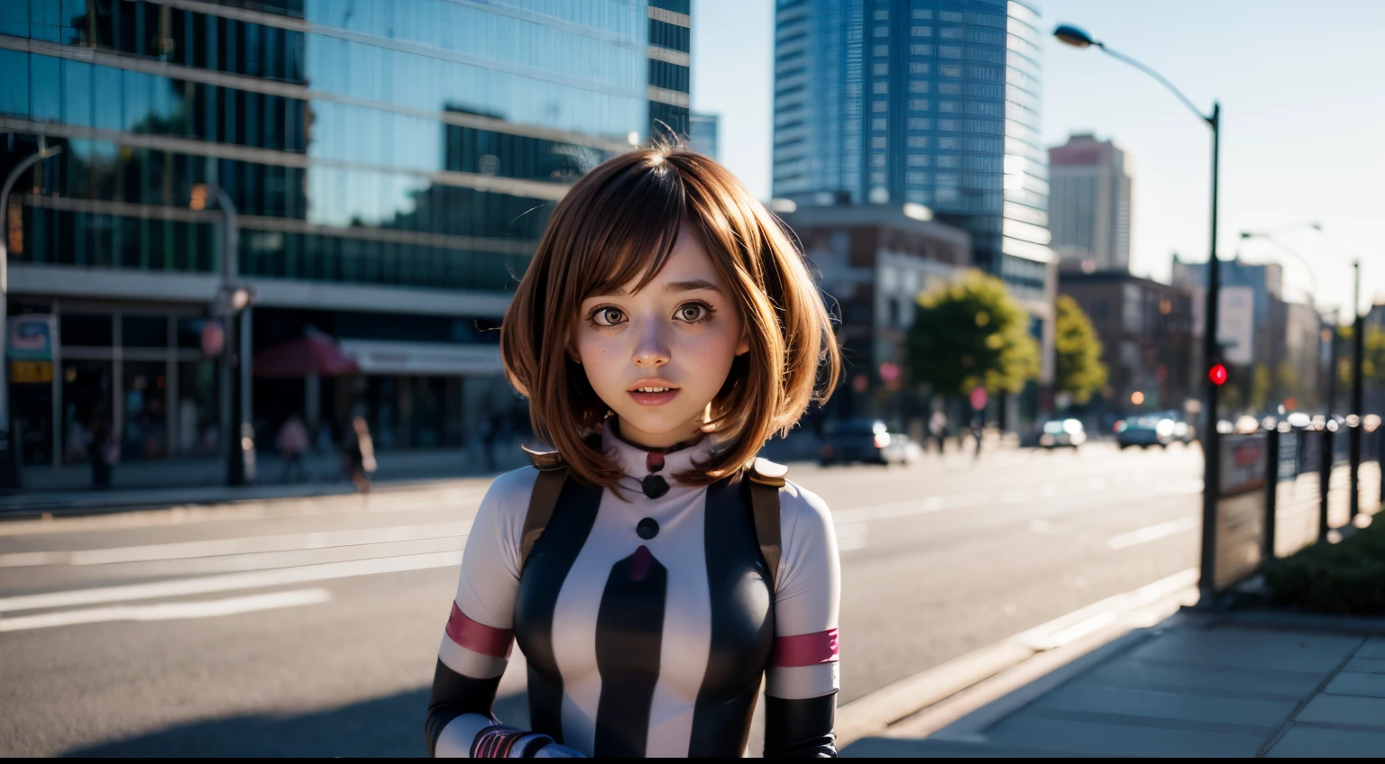 ochakouraraka, ochako uraraka, (uraraka ochako:1.5), (brown eyes:1.5), brown hair, short hair, blush, blush stickers, BREAK (bodysuit:1.5), skin tight, superhero, outdoors, city, looking at viewer, cowboy shot, (masterpiece:1.2), best quality, high resolution, unity 8k wallpaper, (beautiful detailed eyes:1.6), extremely detailed face, perfect lighting, extremely detailed CG, (perfect hands, perfect anatomy), hands behind body