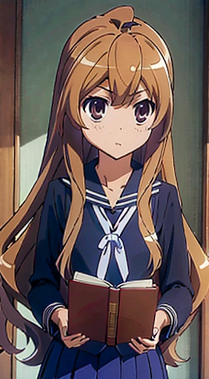 masutepiece,absurderes,Best Quality,High quality,1girl in,Taiga Aisaka,Long hair,School uniform,Black sailor suit,Looking at Viewer,(flat chest:1.1) ),read upper body books,Outdoors,Black pantyhose