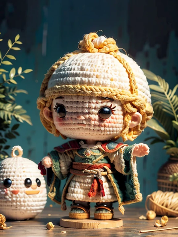 a cute white marshmallow head illustration, brave ulan warrior, medieval style, 3d animation, a dark and enormous kitchen for background, Blurry background, lord of the rings ambience