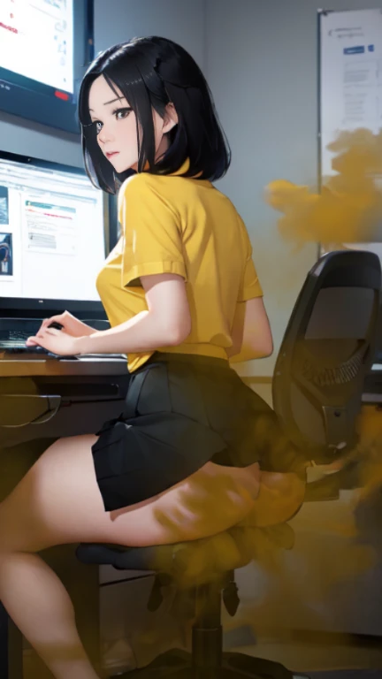 ((velocity)),Yellow smoke,Attacked by farts, (((Women farting))),(girl farting while seat and use computers )),frowned,velocity,(Yellow smoke is rising))(a female employee), (wearing shirt and skirt),(sit facing the computers),(her butt facing the screen)) (short black hair),(Asian woman),(workspace),(masterpiece:1.2、top-quality)、(the Extremely Detailed CG Unity 8K Wallpapers、ultra-detailliert、Best Shadows)、(细致背景)、(The best lighting、extremely delicate and beautiful)、depth of fields、1girl in、独奏、upward looking gaze、