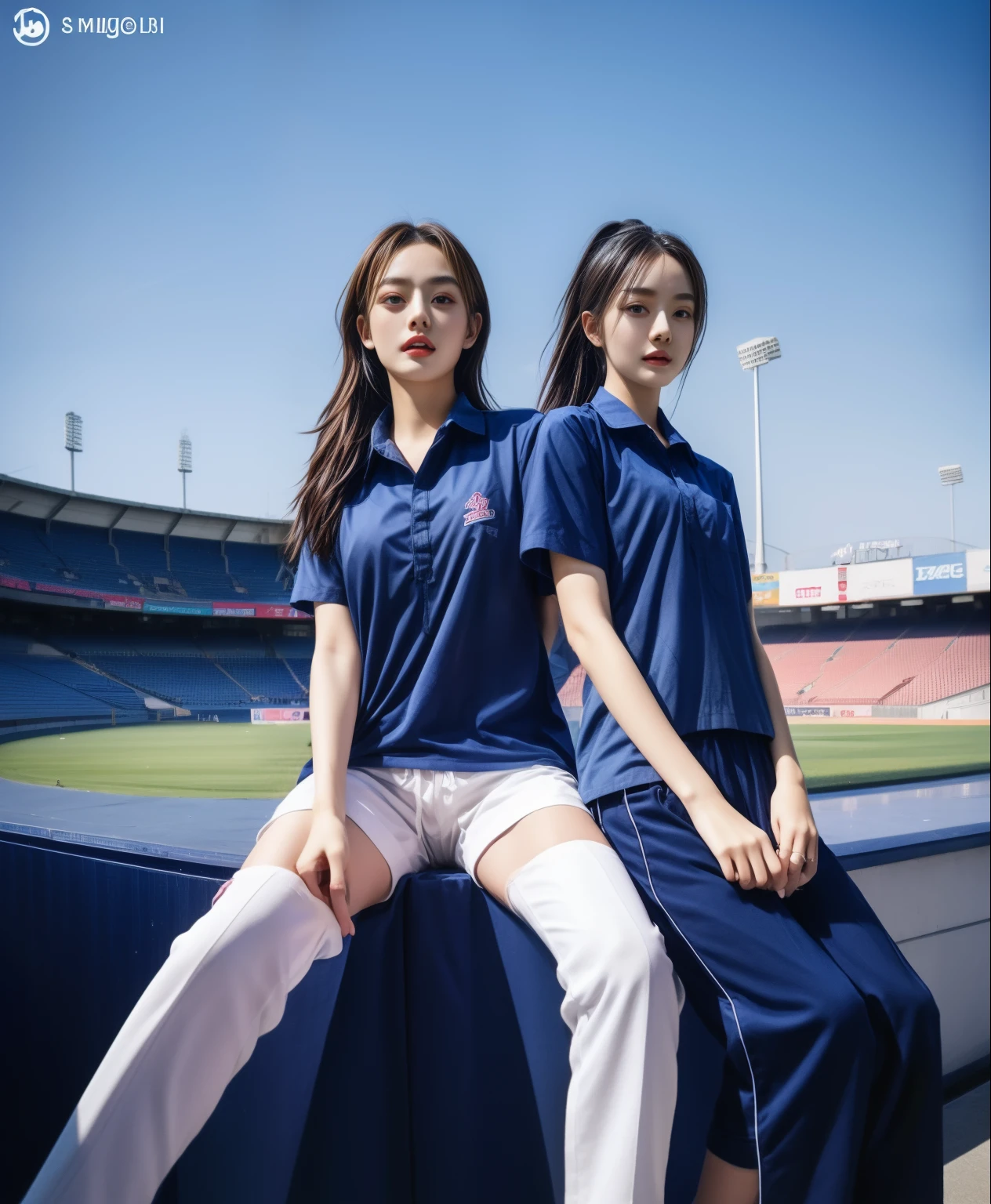 (bestquality,10,10,highres,masterpiece:1.2),ultra-detail,(Realistic,photorealistic portrait,photo-realistic:1.37),1 Cute girl in the football field,oily shiny skin,bara,light smile,BDclothes,((blue shirt:1.3)),short sleeves,shirt, trousers.,(navy_long_Pants Track:1.1), ((Stadium Background:1.3)),dynamic angle,excited,face focus,Dynamic Poses,from behide,Ass Focus,masterpiece, bestquality, ultra realistic, hyper-detail, 8k resolution, RAW photo, crisp focus, ((Navy blue shirt:1.1)), short sleeves, Long Path, Perfect body, 2 mature women, 18yo, cinematic light,Blue sweatpants,Gymware,Correct ???????,Complete body, Correct body, sharp face, Anatomically correct body, full entire body, Realistic gestures, long-haired, Realistic poses,Wear long shorts............................,Long leg span,Shapely,Sculpting Girl, Slender Figure, mannequin mannequins, Shapely, Beautiful body,Blue sweatpants, Two girls kissing