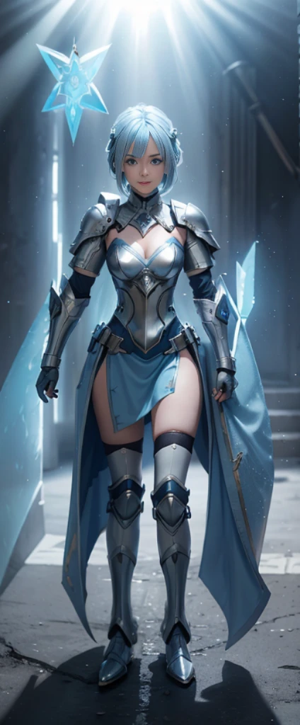 Ice blue hair，Nice face，blue military armor，Heterochromatic pupil，ssmile，rays of sunshine，Full body photo，the soft light，The stands up，Full body lesbian，High Picture Quality，16K quality