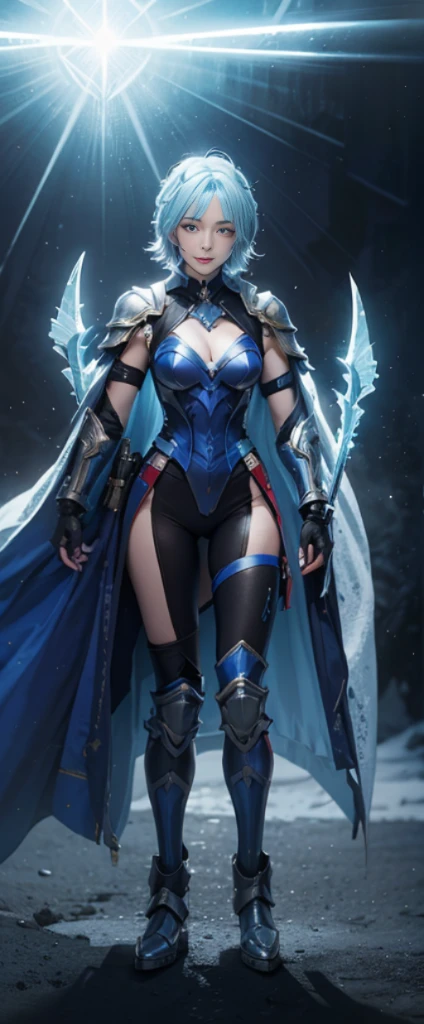 Ice blue hair,Nice face,blue military armor,Heterochromatic pupil,ssmile,rays of sunshine,Full body photo,The stands up,Full body lesbian,High Picture Quality,16K quality