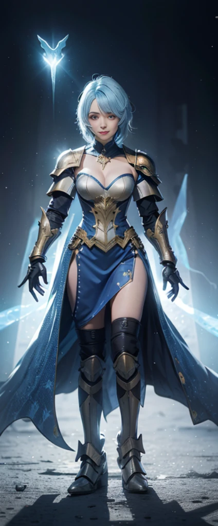 Ice blue hair，Nice face，blue military armor，Heterochromatic pupil，ssmile，rays of sunshine，Full body photo，The stands up，Full body lesbian，High Picture Quality，16K quality