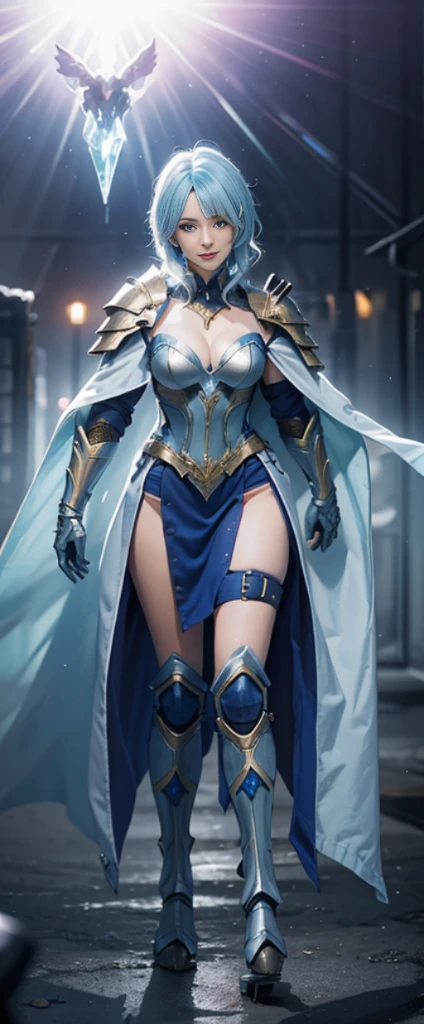 1GIRL, SOLO, (dark hair, hair gold ornament), (HUGE FAKE BOOBS:1.3), (white, sea blue, gold, FUTURISTIC MECHA BATTLE ARMOR SUIT, ROYAL CAPE, CLEAVAGE:1.5), (SKINTIGHT YOGA PANTS, HIGH HEELS:1.2), (NSFW GLAMOROUS BODY, SEXY LONG LEGS, FULL BODY:1.3), (FROM FRONT, LOOKING AT VIEWER:1), (WALKING DOWN ON STREET NIGHT CITY:1.3), PHYSICALLY-BASED RENDERING, ULTRA HIGHT DEFINITION, 8K, 1080P.