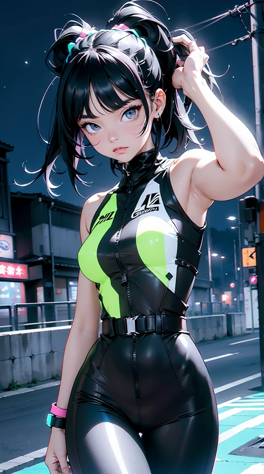 obra prima, 4K Ultra HD, foco nítido, realista, uma garota no estilo Gura Gawr de Hololive, but with the following characteristics: Athletic girl, Wearing a stylized black and white jumpsuit, in a Japanese city at night with lots of neon lights, Inspirado no estilo de arte GUWEIZ