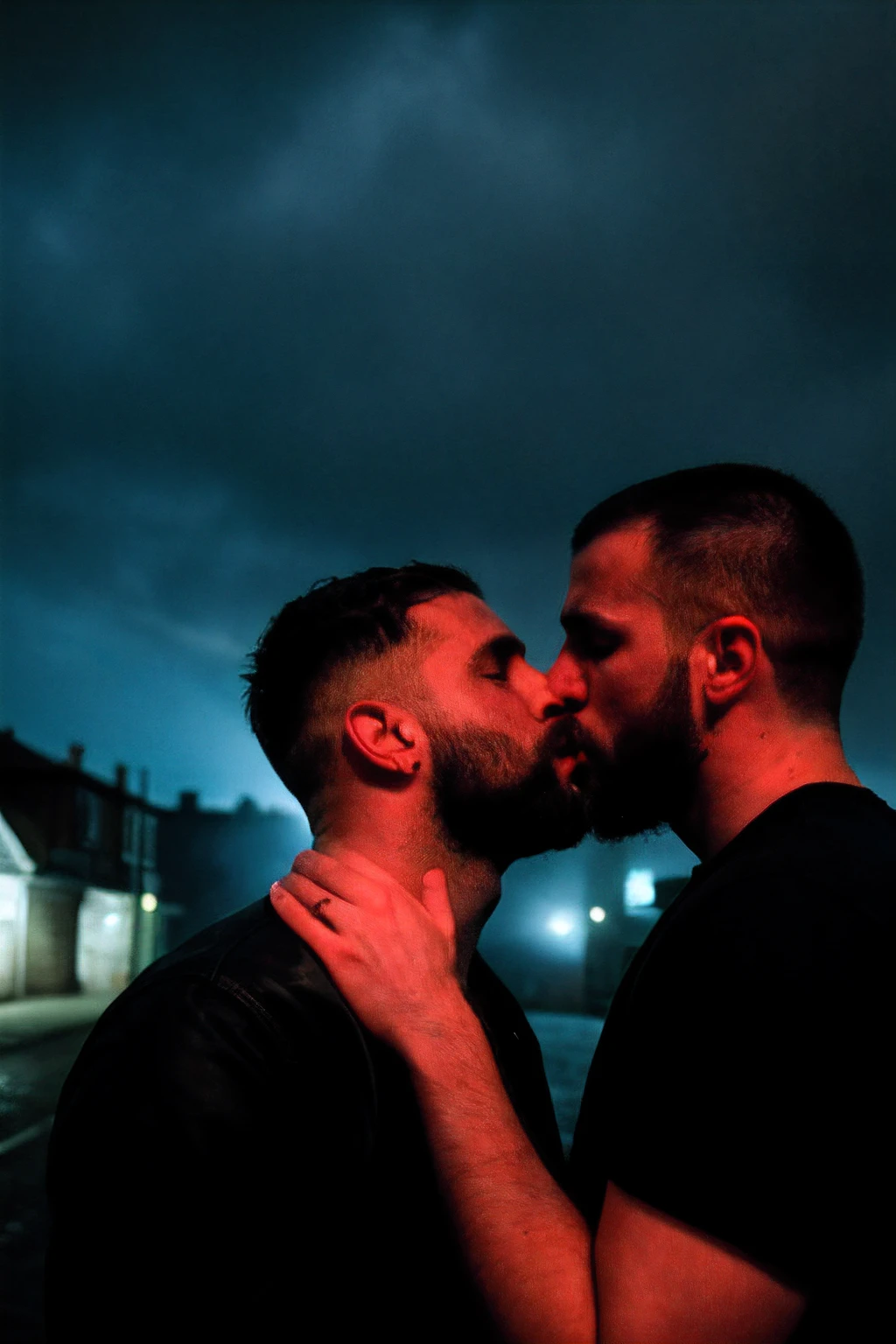 forbidden love, masterpiece, best quality, 2boys, adult males, beards, chavs, rough, dirty, Mancunian, mean, bullies, druggies, skinheads, in the neighbourhood, , soft kiss , realistic, dramatic lighting, atmospheric, intricate detail,