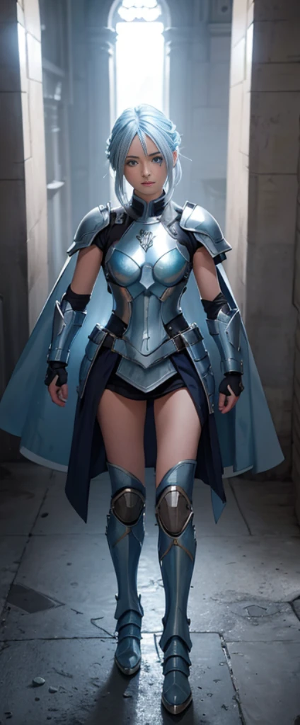 Ice blue hair,Nice face,blue military armor,Heterochromatic pupil,ssmile,rays of sunshine,Full body photo,the soft light,The stands up,High Picture Quality,16K quality