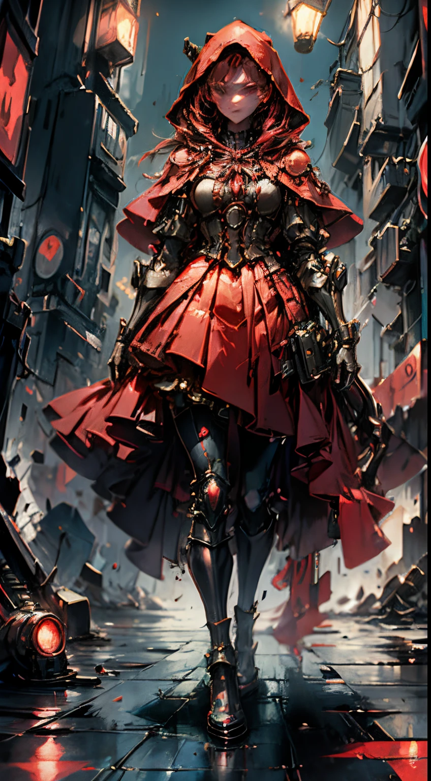 A cinematic full body portrait of a cyberpunk Little Red Riding Hood