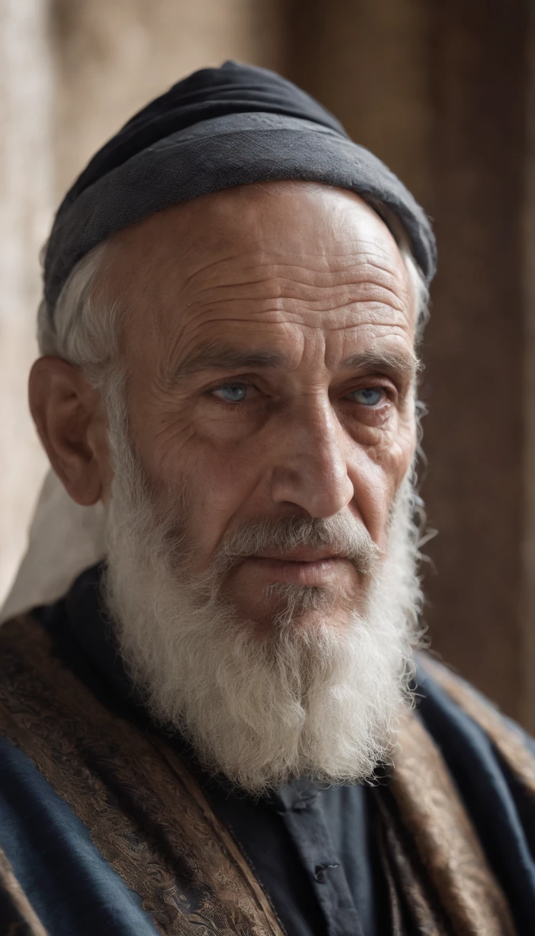 Palestine, old man, suffering, blue eyes, ararabian, detailed skin, detailed beard, detailed hair, detailed turbant, detailed wrinkles, beautiful clothes