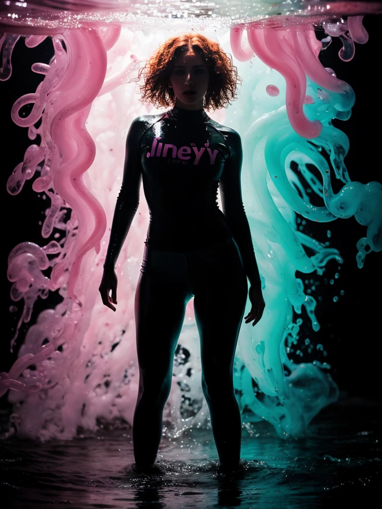 (full body shot, ultra-detailed, best quality, photorealistic:1.37, 4k, realistic, photography, female model, curly redhead made by jelly tentacles, dressed with jelly, slime, dense fluid, reflections fluid, wet, neon lights, iconic pose, very dark, low key, detailed facial features, pink fog, vibrant colours, 35mm)