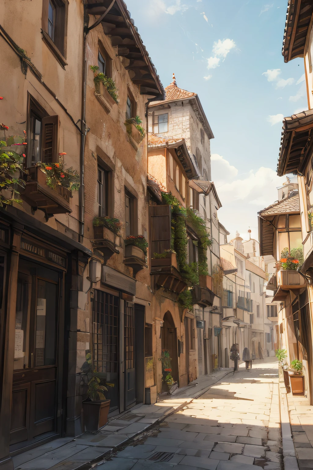 absurd highres, (no human:1.3), Medieval City with buildings of marble and wood , beige colors , sun light