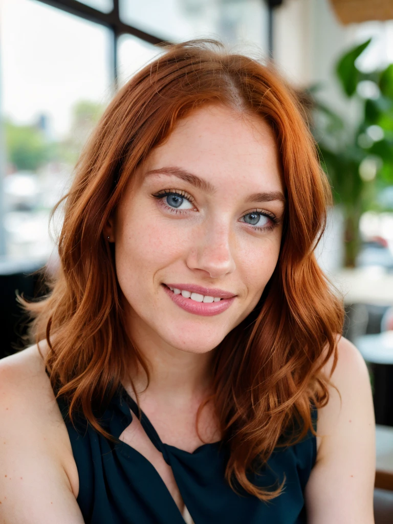 Jolie belle sexy redhead dressed as a secretary, in a coffee shop in the late afternoon, highly detailed, 14 years old, Innocent face, naturally wavy red hair, blue eyes, waist length, high resolution, tmasterpiece, Best Quality, High intricate detail, highly detailed, Crisp Focus, detailed skin, realistic skin texture, texture, detailed eyes, professional, 4k, charming smile, shot with Canon, 85mm, Light depth of field, Kodak Vision Color, perfect fit body, extremely detailed, photography_\(Ultra\), photographyrealistic, Realistic, Post-processing, maximum details, roughness, real life, Ultrarealistic, photorealism, photography, 8k UHD, photography