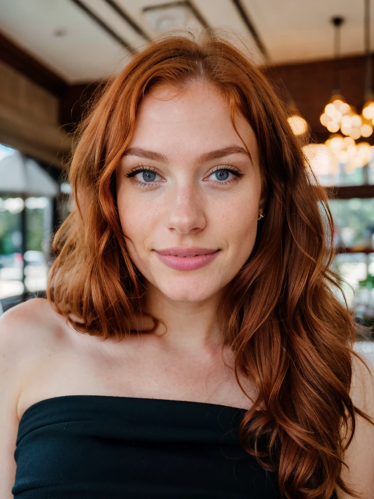 Jolie belle sexy redhead dressed as a secretary, in a coffee shop in the late afternoon, highly detailed, , Innocent face, naturally wavy red hair, blue eyes, waist length, high resolution, tmasterpiece, Best Quality, High intricate detail, highly detailed, Crisp Focus, detailed skin, realistic skin texture, texture, detailed eyes, professional, 4k, charming smile, shot with Canon, 85mm, Light depth of field, Kodak Vision Color, perfect fit body, extremely detailed, photography_\(Ultra\), photographyrealistic, Realistic, Post-processing, maximum details, roughness, real life, Ultrarealistic, photorealism, photography, 8k UHD, photography