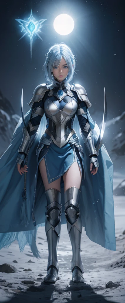 Ice blue hair,Nice face,blue military armor,Heterochromatic pupil,rays of sunshine,fully body photo,the soft light,Stood up,High Picture Quality,16K quality,Under the moon