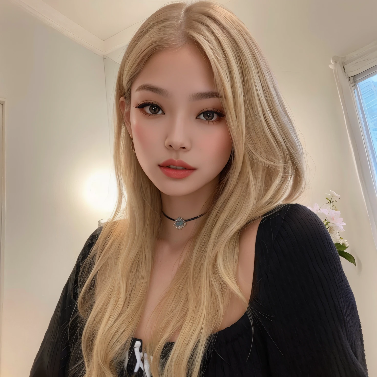 Jennie loira com cabelo longo e top preto no banheiro, Retrato de Kim Petras, menina loira bonita, 18 anos, 19-year-old girl, longos cabelos loiros e olhos grandes, Sidnei Sweeney, uma loira linda, com longos cabelos loiros, 2 Modelo feminina de 4 anos, Deusa loira, Blonde and attractive features, menina perfeita de cabelos brancos jennie