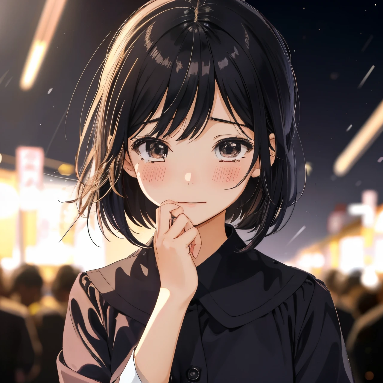 in the style of Chi no Wadachi, manga style, a girl wearing a school uniform reaching hand, crying, distraught face, surrounded by darkness, black hair, her face scribbled out, ((wide shot)), ((centered)), ((distanced)), ((in the distance surrounded by darkness)), head tilted up, perfect (hand over mouth))