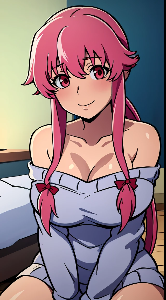 gasai yuno, ((masterpiece)), best quality,1girl, breasts, sweater, off shoulder, (off-shoulder sweater:1.5), cleavage, pink hair, long hair, (large breasts:1.5), bare shoulders, solo, smile, looking at viewer, collarbone, on bed, choker, sitting, sweater dress, braid, blush, thighs, red eyes, bed, sidelocks, aran sweater, bed sheet