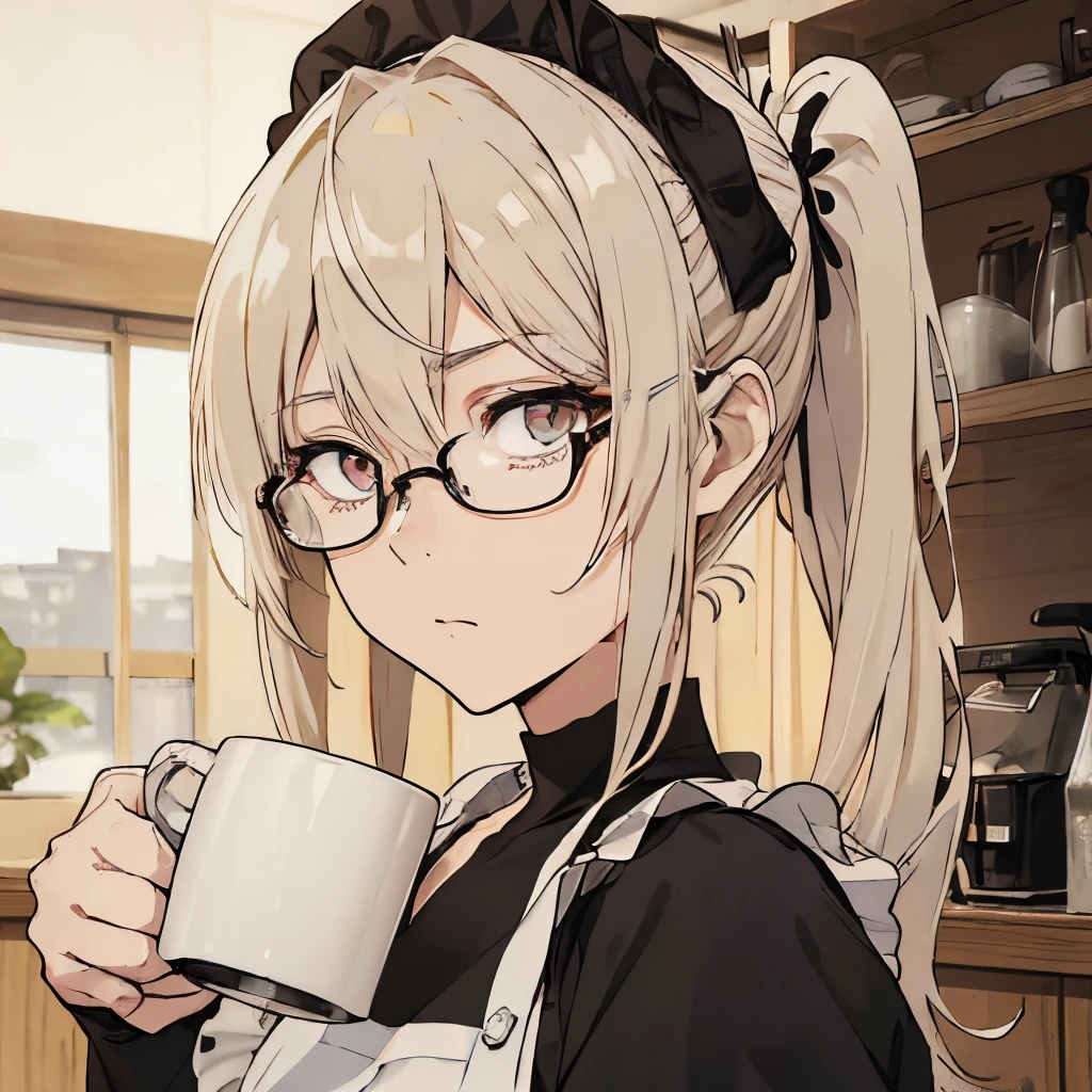 ⓪Action： drinking coffee, (coffee mug:1.4) ①Quality：(ultra-detailed:1.3), masterpiece, 8k, extremely detailed CG, (1 girl), Perfect hands:1.2), (Perfect Anatomy:1.2), (beautiful face: 1.1), Intricate Iris Details, Captivating Eye Reflections, Sparkling Highlights in the Eyes, Depth and Dimension in the Pupils, Subtle Color Variations in the Iris, Meticulous Eyelash Details,　Depth and Dimension in the Pupils, ②Lighting：brightening light, moody lighting, nature lighting, Best Illumination, ③ part: (flat chest: 1.4),  floating hair, detailed face, detailed eyes,  shiny hair, ④Style: animation, illustration, ⑤Subject： (ponytail hair:1.3), (blonde hair, straight hair, long hair, black eyes, sanpaku eyes ), ⑥Environment： Cafe,kitchen,bar , ⑦Construction：Upper body, (extreme close-up view: 1.3), Looking at Viewer, very wide shot, from below, ⑧Costume : (T-shirt, apron: 1.3), (glasses:1.5), ⑨Others：(slender body、small head、Seven-headed body),