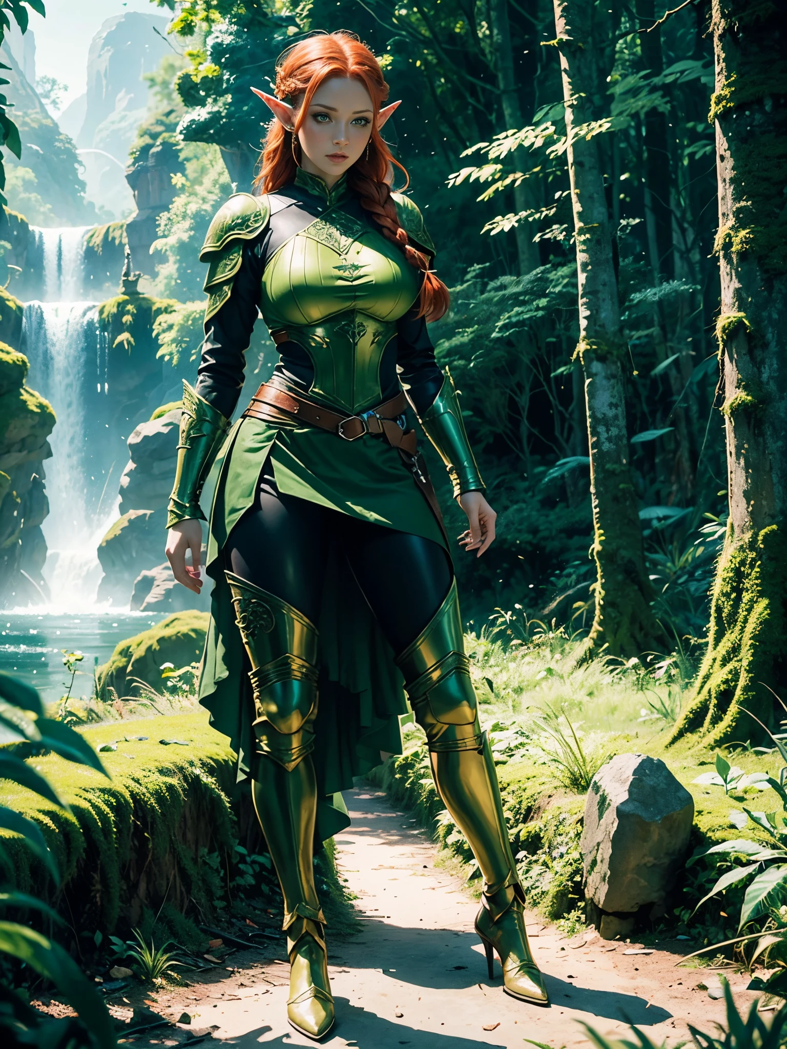 （8K，RAW photos，best quality，tmasterpiece），ultra - detailed，offcial art，trending on artstation，rainforests，Female elf，redhead braid, Large breasts，green eyes, Leather pants，green armor, green skirt, white magic, full body