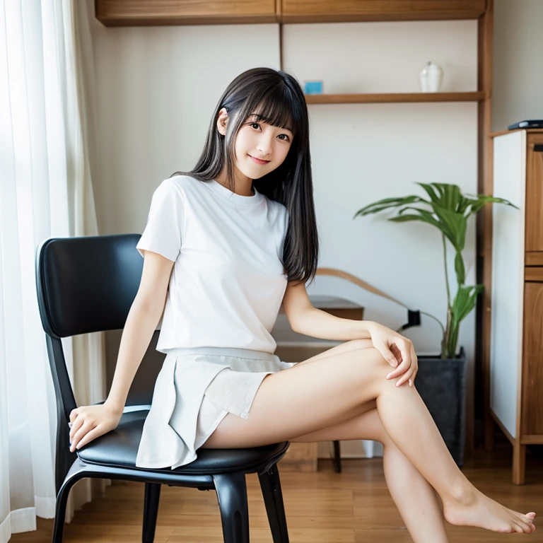 An ultra-high picture quality、Perfect Photo、Japan beautiful girl、、female high-school student、Slender body、Black hair Long hair、With bangs、Cute room、Own room、Sit on a chair、Raised mini skirt、Stretch comfortably、Wearing only a plain white T-shirt、Gaze from the floor、Nokezoru、Adored expression、It hurts a lot、Dazzling、Looks very dazzling、((Stand up on one knee))、(Put one foot on the chair)、ankle、white sock、drawing knee up、raise her legs、(((You can see her white panties through the gap in her skirt.)))