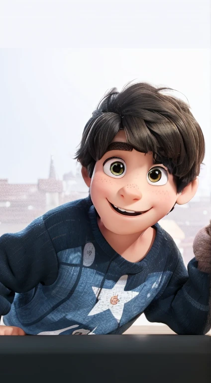 barnet, masculino, , rosto fino, sorrindo, tongue stickout, olhos grandes, feliz, sorriso grande, expression, estilo disney, estilo pixar animation, alta qualidade, melhor qualidade.