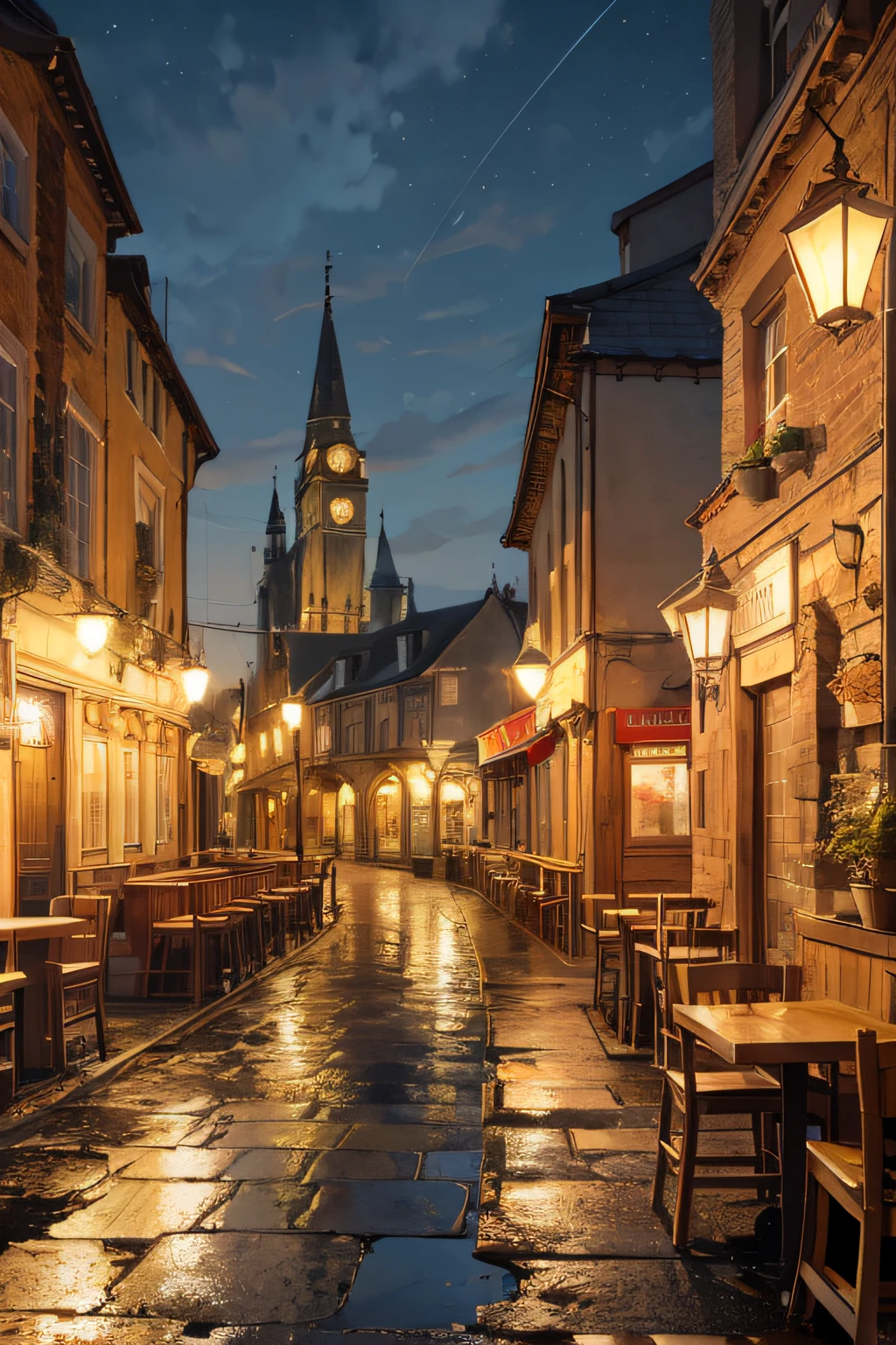 absurd highres, (no human:1.3), Front view of a pub in a Medieval City with buildings of marble and wood , beige colors , night light