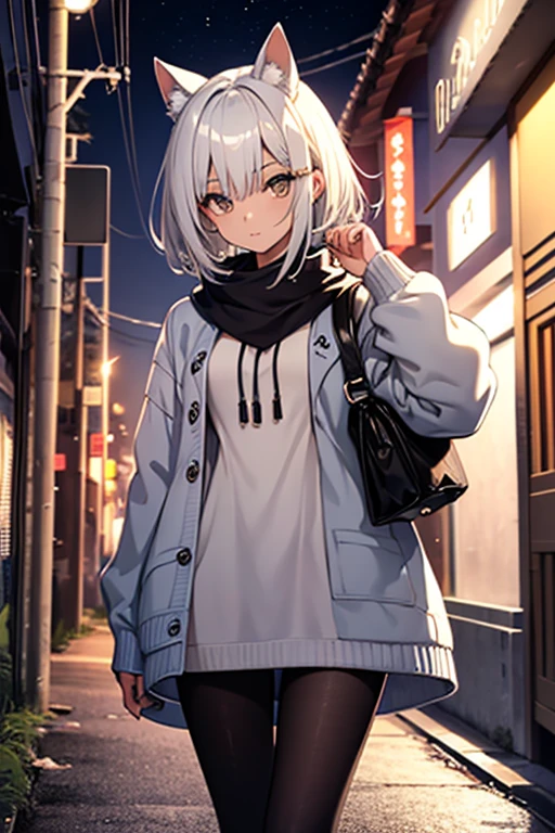 foto de corpo inteiro,cat ears on the head of a beautiful young woman wearing short hair, usando meias preta longas e sueter branco apertado,corpo inteiro na foto,floresta a noite varias luzes,belas coxas, coxas lindas belhos olhos verdes detalhados., sueter branco apertado,maio apertado , tight pantyhose, mini saia , ceu limpo a noite com estrelas numafloresta a noite,short curto linda jovem, olhos sedutores feminino.CABELO CURTO PRETO((CABELOS CURTO PRETO))