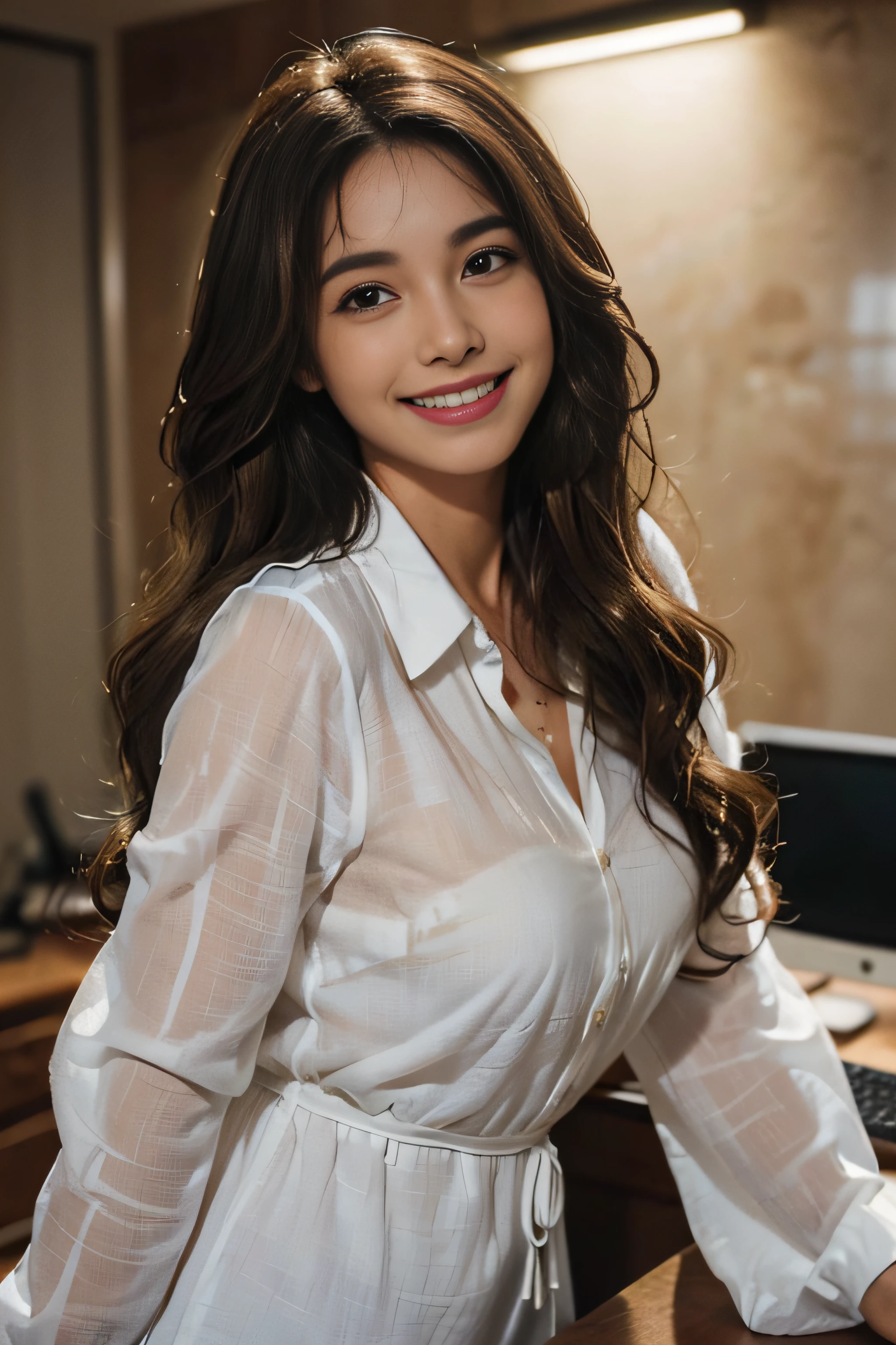 ((beautiful a girl:1.3)) ((Black blouse_long-sleeve_Collared_See-through sleeves:1.4)),((White miniskirt:1.2)) ((In the office of the company_Sitting in front of a computer:1.3)) ((Thin_fabric:1.4)) ((Doing work:1.3)) ((Her face is flushed and her hair is loosely curled.:1.2,ikun:1.4)) ((Large breasts:1.2)) ((close-up:1.2)) Best Quality,masutepiece,超A high resolution,(Photorealistic:1.4),Raw photo,(Authentic skin texture:1.3),(Film grain:1.3),the panorama,Character Portrait,Very Wide Shot,Narrow waist,Cowboy Shot,(In the Dark, deepshadow, lowkey, cold light,) Night,((loosely wavy hair:1.2)),Streaming Tears,,Dust,Tindall Effect,(expression),1girl in,beautiful detailed eyes and face,White Jabot,Brown eyes,((Brown-colored super long hair:1.2)) ((Smile:1.3))
