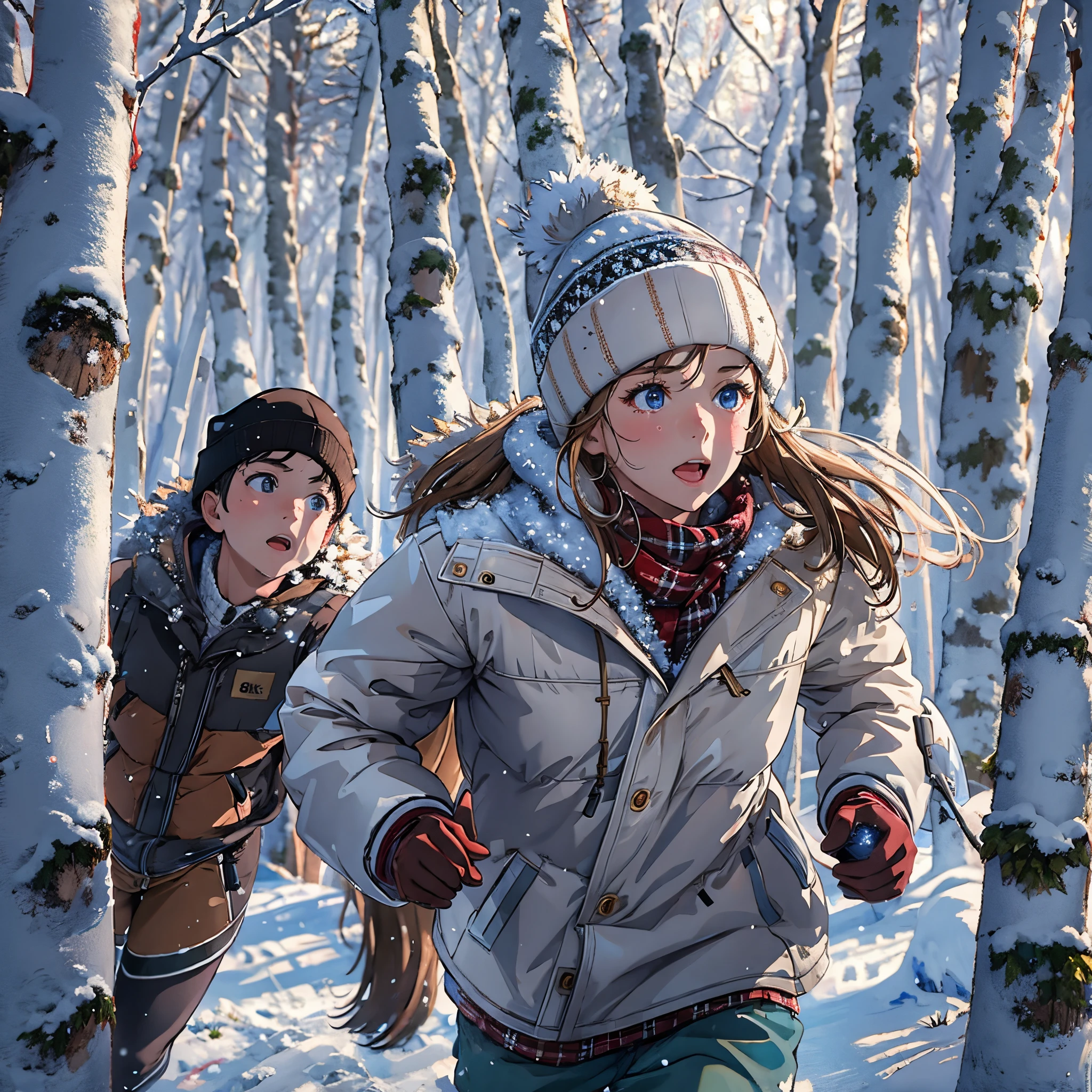 ((Best Quality, 8K, Masterpiece:1.3)), (Photorealistic, Ultra Detail, Clear Focus 1:0), (Original Photo, Lighting: 1:1), detailed face, face focus, A boy and a girl, winter clothing, running around, Winter forests, surrounded by white birches and covered with snow, The sky is clear