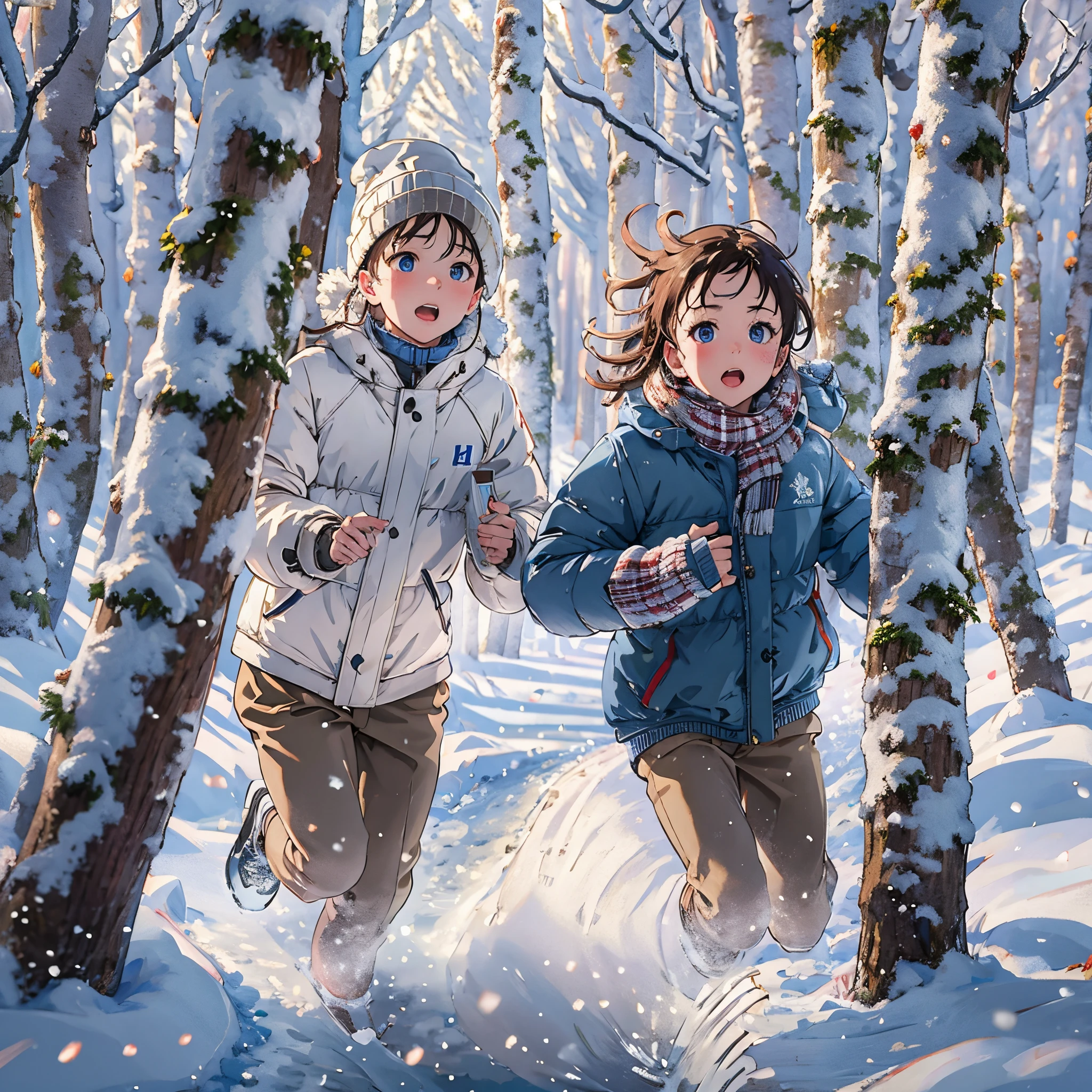 ((Best Quality, 8K, Masterpiece:1.3)), (Photorealistic, Ultra Detail, Clear Focus 1:0), (Original Photo, Lighting: 1:1), detailed face, face focus, A boy and a girl, winter clothing, running around, Winter forests, surrounded by white birches and covered with snow, The sky is clear