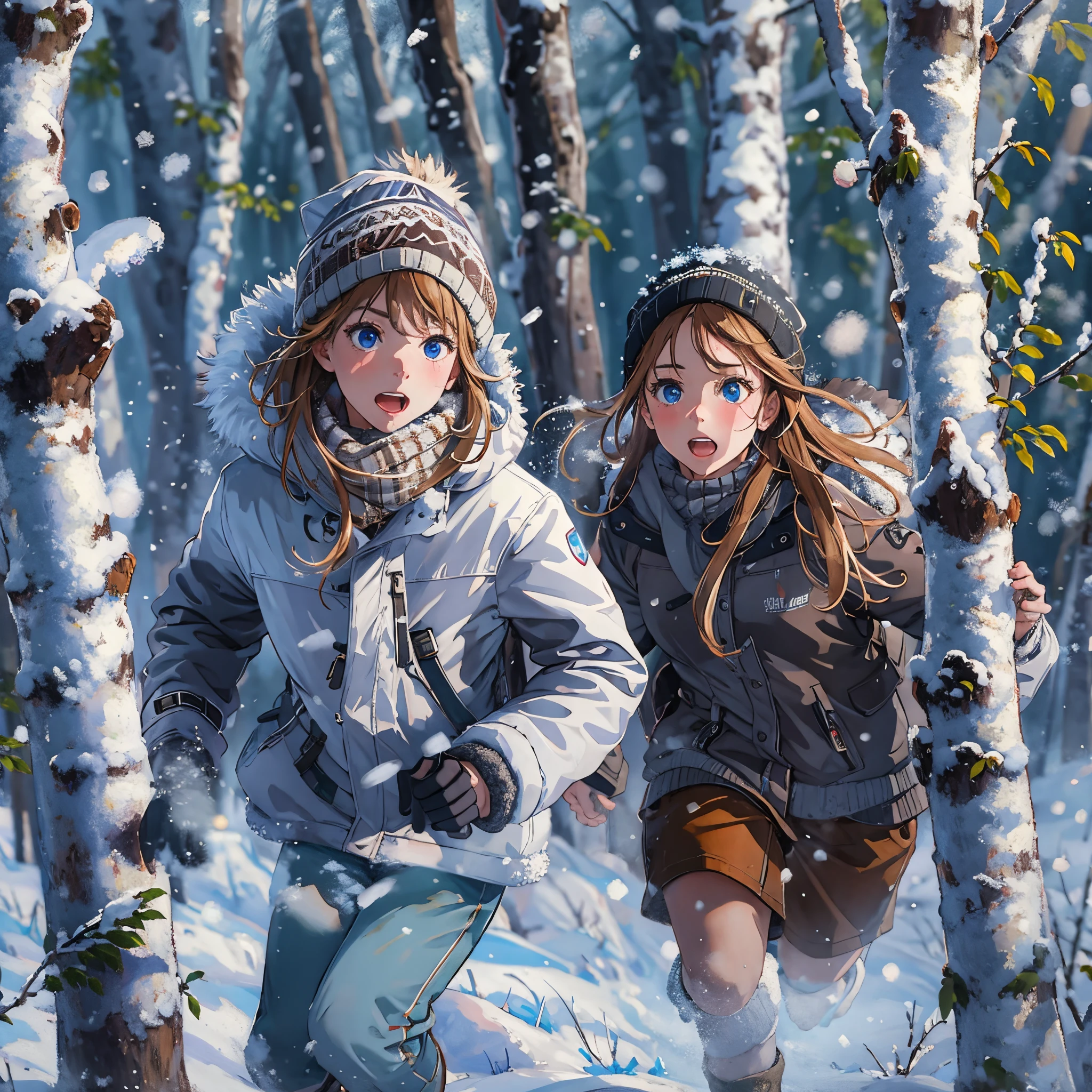 ((Best Quality, 8K, Masterpiece:1.3)), (Photorealistic, Ultra Detail, Clear Focus 1:0), (Original Photo, Lighting: 1:1), detailed face, face focus, A boy and a girl, winter clothing, running around, Winter forests, surrounded by white birches and covered with snow, The sky is clear