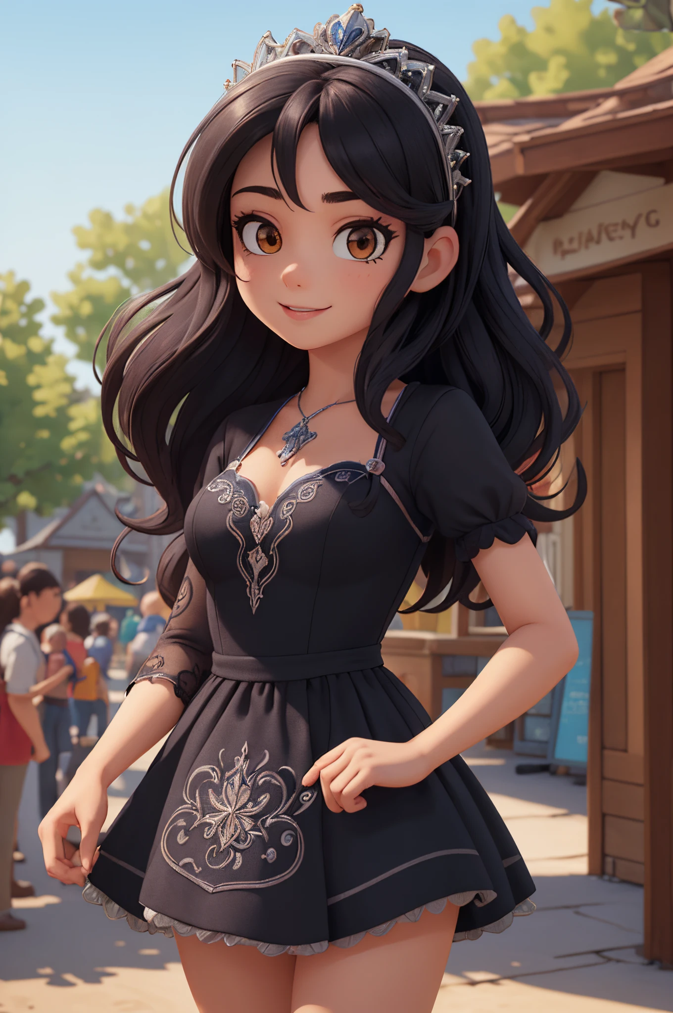 (masterpiece, best quality, ultra detailed), (high detail, hyper detailed), Beautiful 25 year old girl in an amusement park, happy, adult woman body, small breasts, provocative body, black hair, long straight hair slightly disheveled at the end, dressed like a Disney princess, black dress with blue details, silver crown, detailed face, clear focus, helping a villager in a town (mess - house: 0.8), (masterpiece: 1.2) ( Realistic: 1.2) (Bokeh) (Best Quality) (Detailed Look: 1.3) (Intricate Details) (8K) (Eye Detail) (Sharp Focus), (Happy)