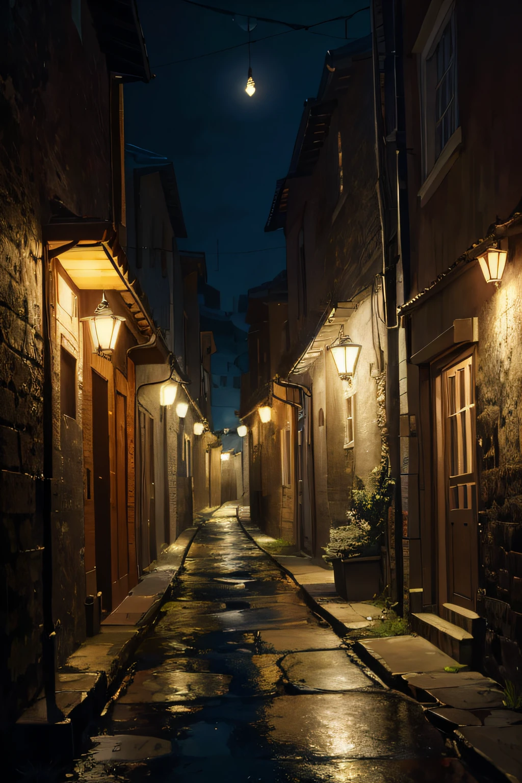absurd highres, (no human:1.3), view of a dark alleyway in a Medieval City , dark colors , night