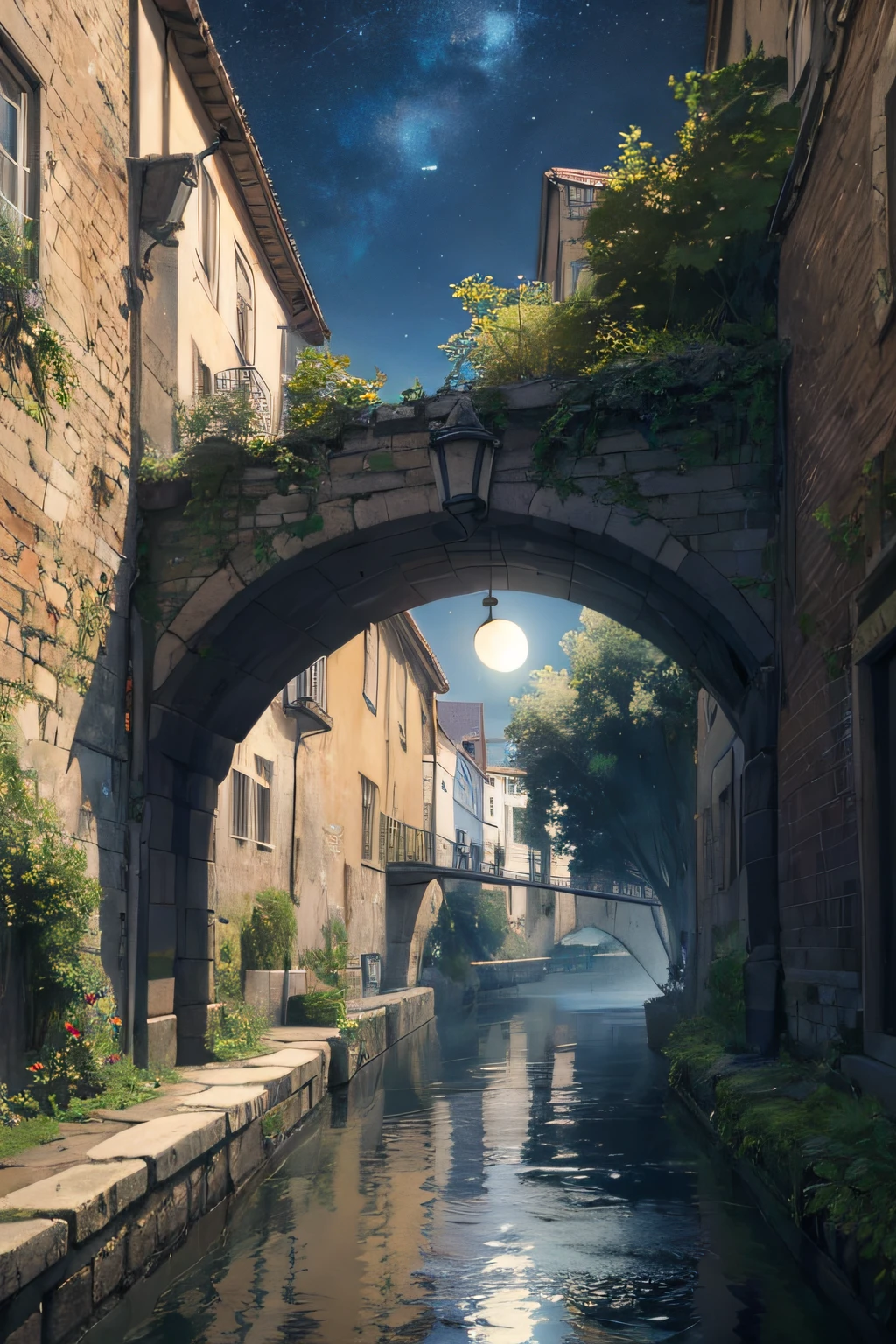 absurd highres, (no human:1.3), under a bridge in a Medieval City , water stream , small river , night sky