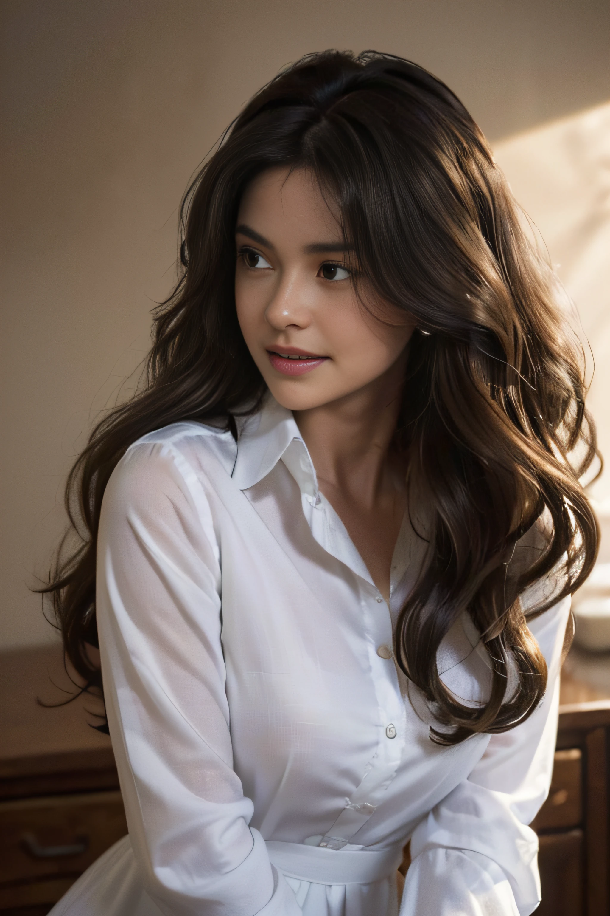 ((beautiful a girl:1.3)) ((Clean white shirt dress_long-sleeve_Collared:1.4)) ((In the office of the company_:1.3)) ((Thin_fabric:1.4)) ((Waiting for people:1.3)) ((her face is flushed、hair is loosely curled.:1.2,ikun:1.4)) ((breasts:1.2)) ((close-up:1.2)) Best Quality,masutepiece,超A high resolution,(Photorealistic:1.4),Raw photo,(Authentic skin texture:1.3),(Film grain:1.3),the panorama,Character Portrait,Very Wide Shot,Narrow waist,Cowboy Shot,(In the Dark, deepshadow, lowkey, cold light,) Night,((Loosely wavy hair:1.2)),Streaming Tears,,Dust,Tindall Effect,(expression),1girl in,beautiful detailed eyes and face,White Jabot,Brown eyes,((brown super long hair:1.2)) ((Smile:1.3))