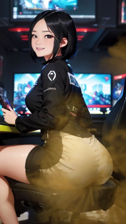 ((velocity)),Attacked by farts, (((Women farting))),(girl farting while seat on seat and playing game on smartphone)),smiled,blushing,velocity,(a female pro player), (wearing a e-sport jersey),(sit facing the screen),(her buttt facing the screen) (short hair black hair),(Asian woman),(gaming tournament),(masterpiece:1.2、top-quality)、(the Extremely Detailed CG Unity 8K Wallpapers、ultra-detailliert、Best Shadows)、(细致背景)、(The best lighting、extremely delicate and beautiful)、depth of fields、1girl in、独奏、upward looking gaze、