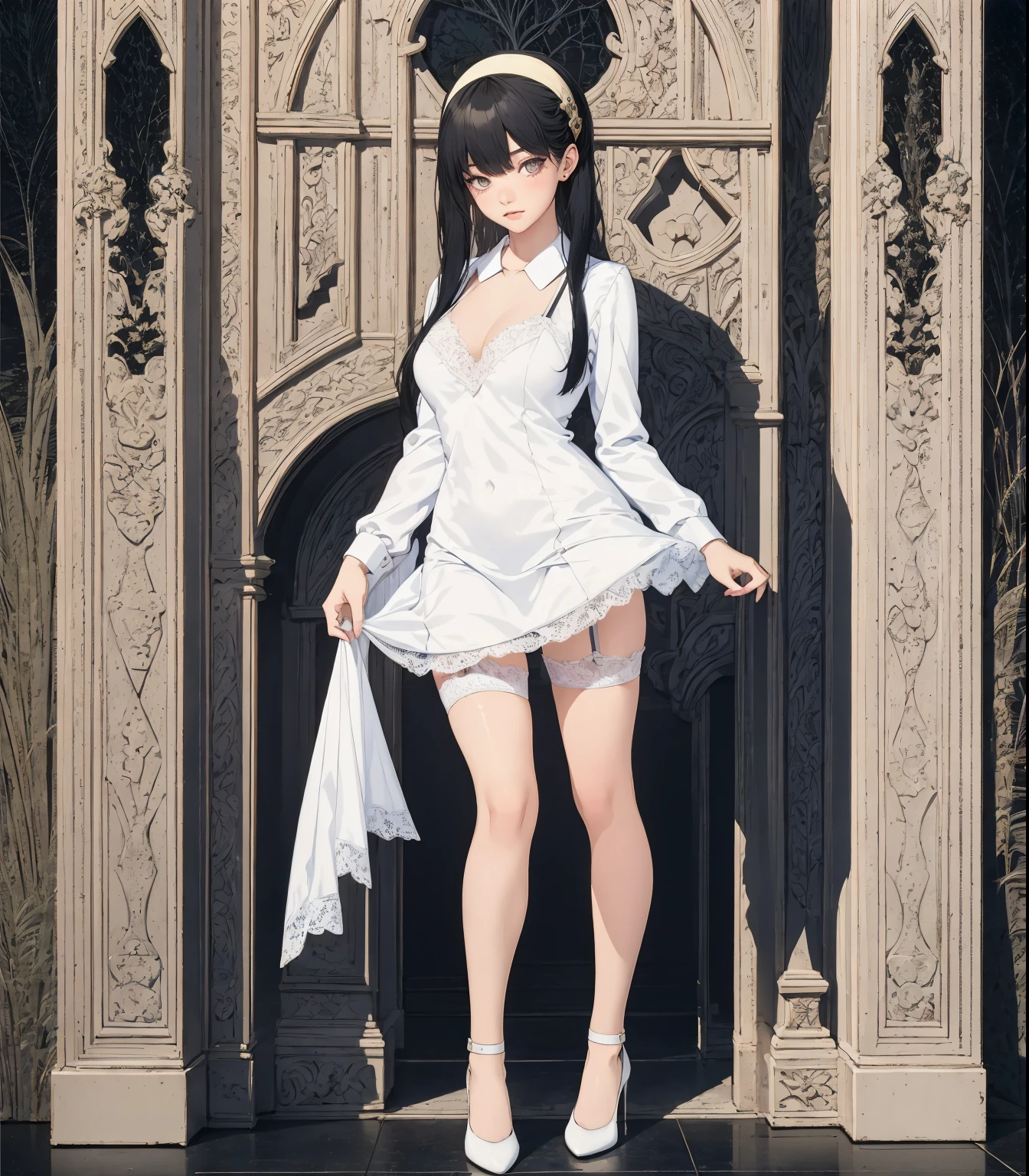 masterpiece, best quality, best illustration, HDR, beautiful details, intricate details, detailed scenery, dramatic light, best shadow, (full body), Yor_Briar, 1girl, twintails, sidelocks, black hair, white hairband, thighs, black high heels, ((intricate white lace lingerie)), (detailed beautiful eyes)