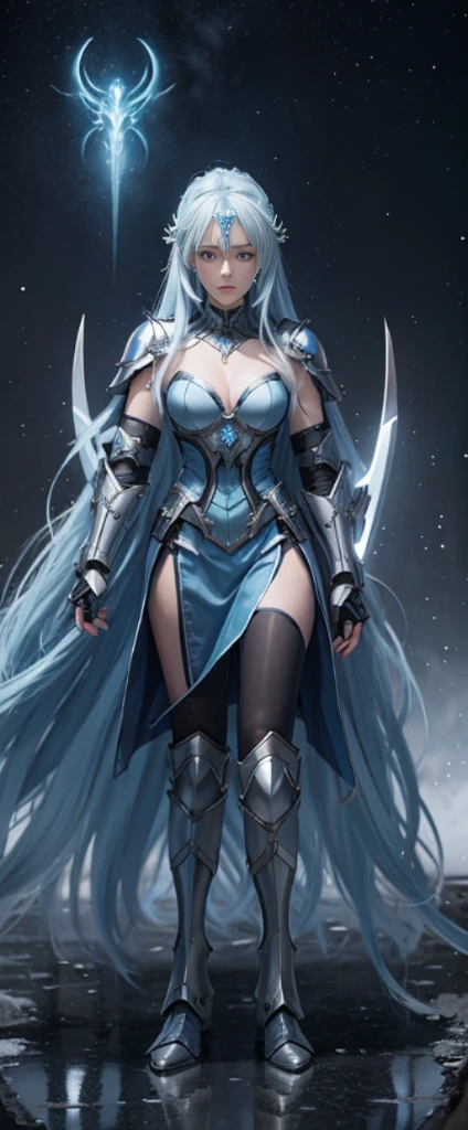 ice blue long hair,Nice face,blue military armor,Heterochromic pupils,Full body photo,The stands up,High Picture Quality,16K quality,under moonlight,