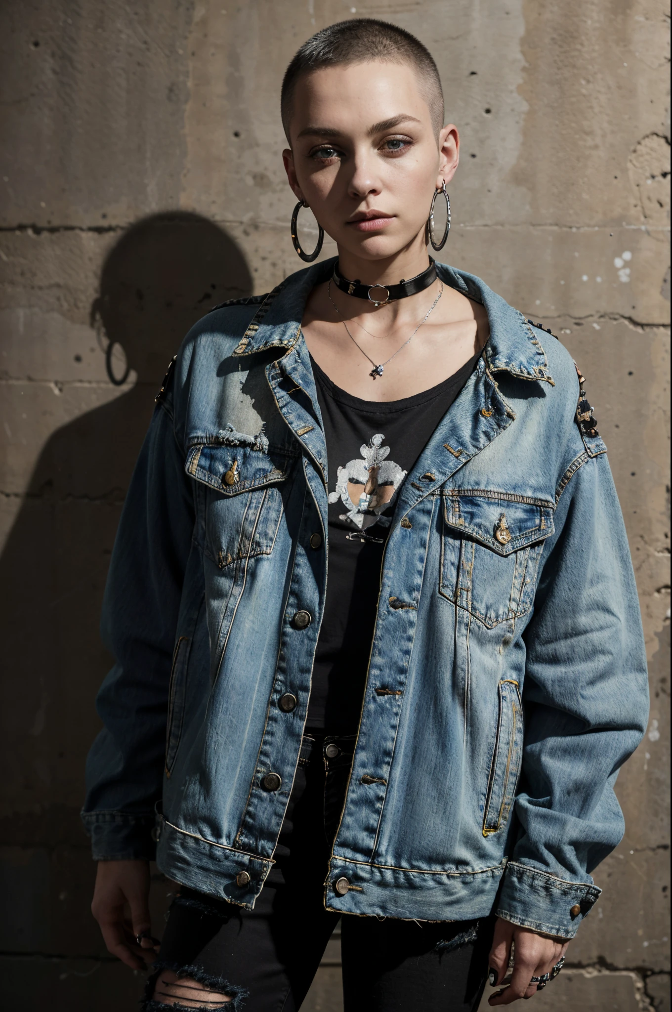 (masterpiece:1.2, best quality), (1lady, solo, upper body:1.2), Hair: buzz cut, Clothing: oversized, distressed denim jacket with patches and pins, paired with black skinny jeans and combat boots, Accessories: silver hoop earrings and a black choker necklace, Hanging out in an underground music venue or street art exhibit