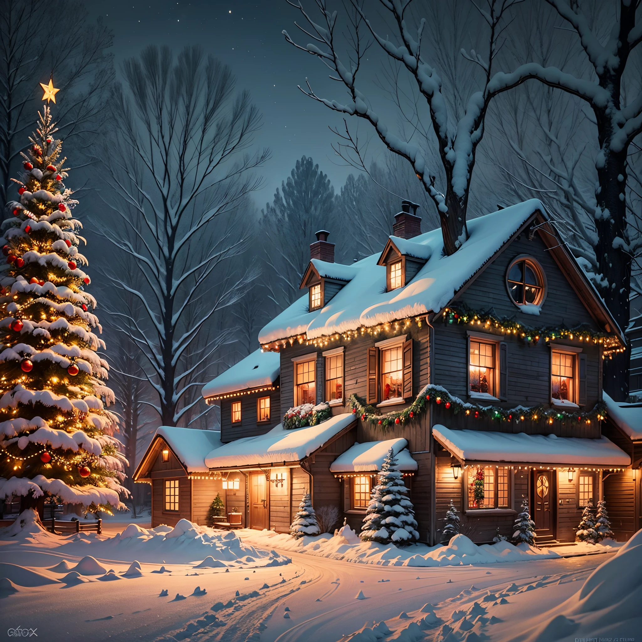 christmas atmosphere at night, cinematic scene, fireplace, tree, big window, falling snox, --auto --s2